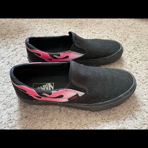 Black with pink flames Vans slip-ons